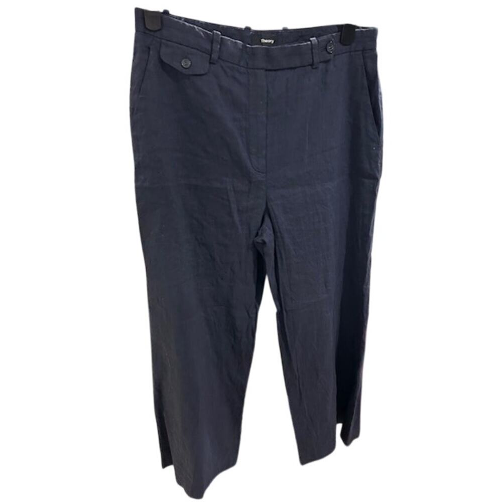THEORY Navy Blue Wideleg Flare Linen Viscose Blend Cropped Pants Women's Size 6